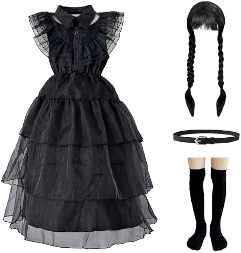 Halloween Costumes for Girls with Black Dress,Wig,Socks,Belt,Black Girls Halloween Costumes,Costumes for Girls