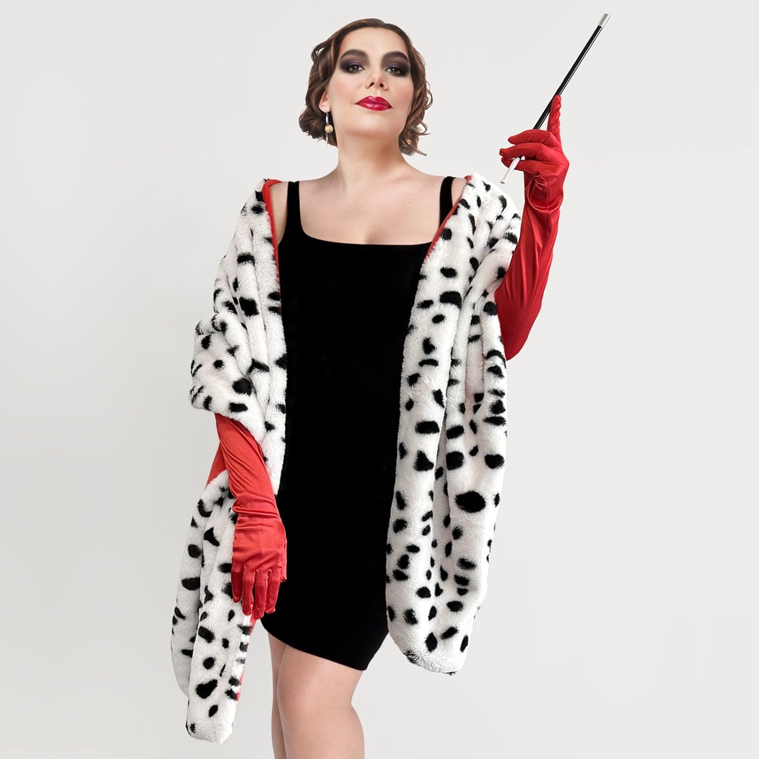 Halloween Costume Women, Halloween Costume for Women with Dalmatian Shawl, 1920s Red Gloves and Long Plastic Holder, Dalmatian Costume Women Coat Jacket for Adult Cosplay Party