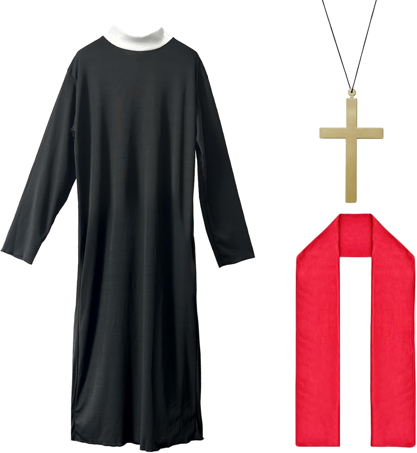 3pcs Priest Costume Adult Men, Priest Costume With Plastic Monk Cross and Red Stole for Halloween Dress Up Party Cosplay