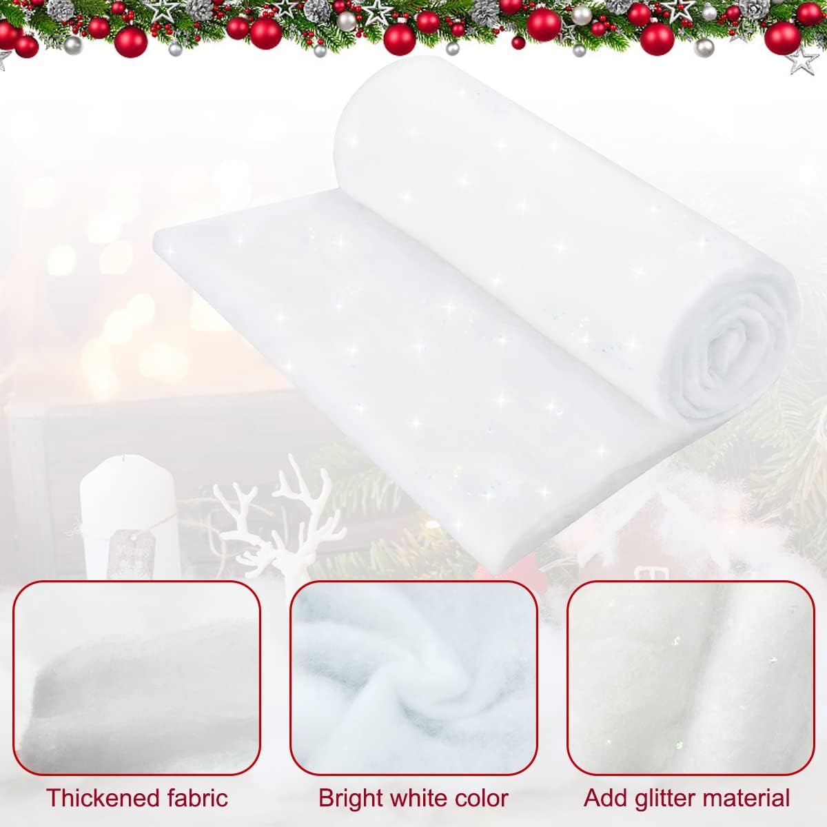 Christmas Glitter Snow Blanket, Fake Snow blanket Roll Indoor Decoration Artificial Snow Blankets Set For Winter Wonderland Christmas Village Wall Tree Xmas Backdrop Party Decor (15.74In×9.8Ft)