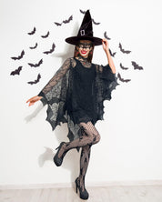 Apragaz 5 Pcs Halloween Costumes for Woman, Black Spider Web Poncho, Socks, Necklace, Mask And Spider Red Earrings, Witch Costume for Halloween Cosplay Party, Disfraz de Halloween para Mujer(One Size)