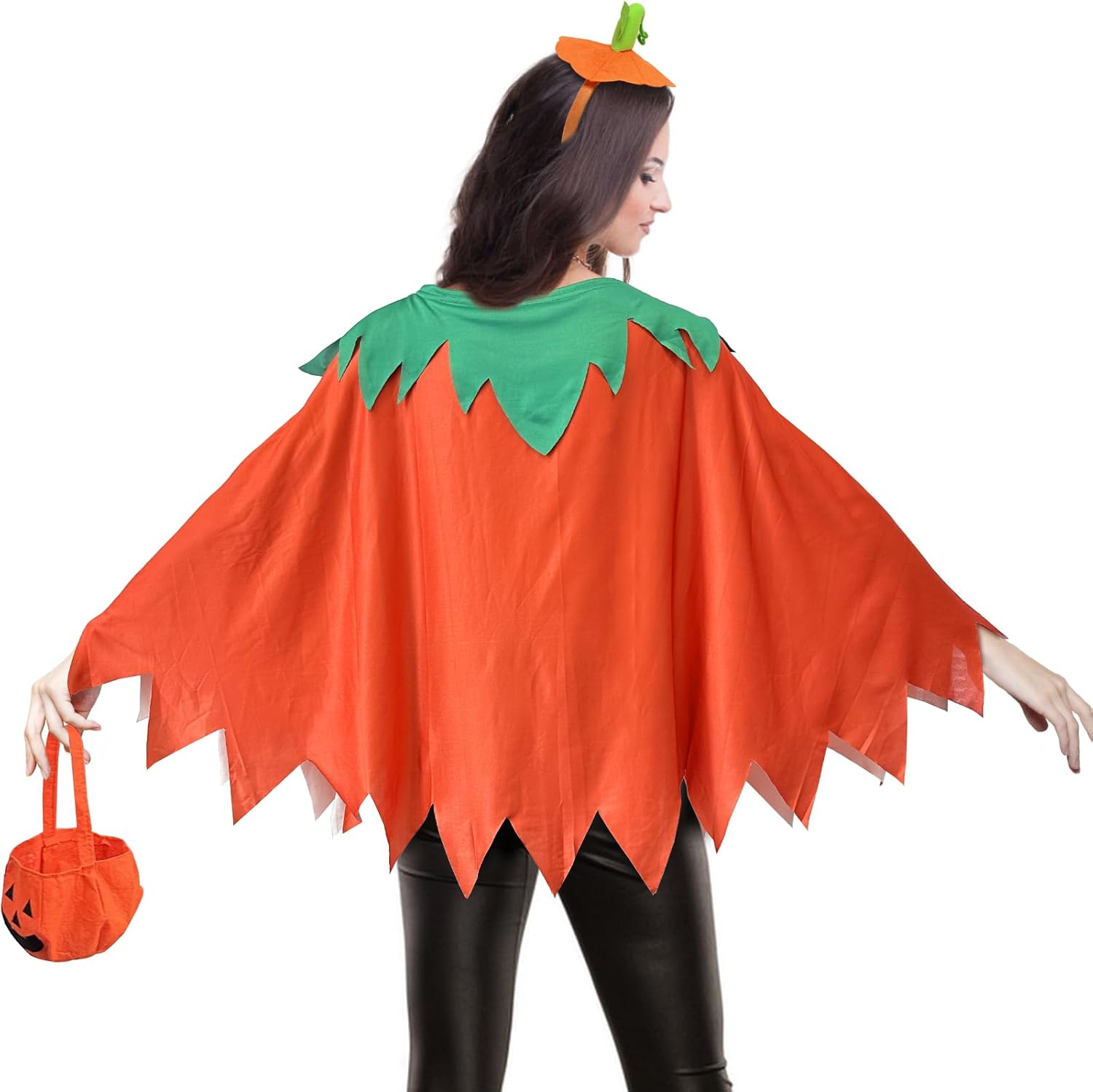 Apragaz 3 Pcs Pumpkin Costume Woman, Adult Pumpkin Poncho With Headband and Candy Bag, Easy and Funny Halloween Costumes for Women