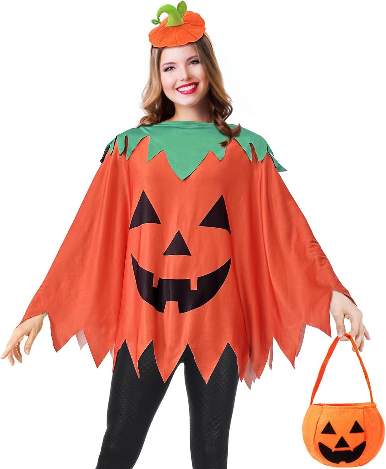 Apragaz 3 Pcs Pumpkin Costume Woman, Adult Pumpkin Poncho With Headband and Candy Bag, Easy and Funny Halloween Costumes for Women