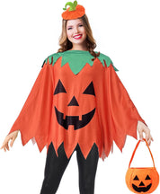 Apragaz 3 Pcs Pumpkin Costume Woman, Adult Pumpkin Poncho With Headband and Candy Bag, Easy and Funny Halloween Costumes for Women