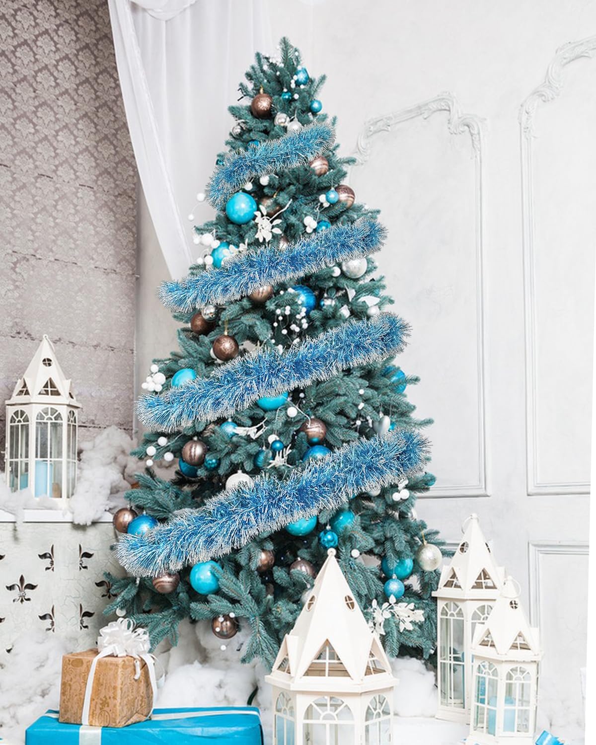 White and Light Blue Tinsel Garland, 19.68 Ft Christmas Tinsel Garland, Shiny Metallic Foil Tinsel for Xmas Tree, Party, Wedding, Winter Wonderland Decorations