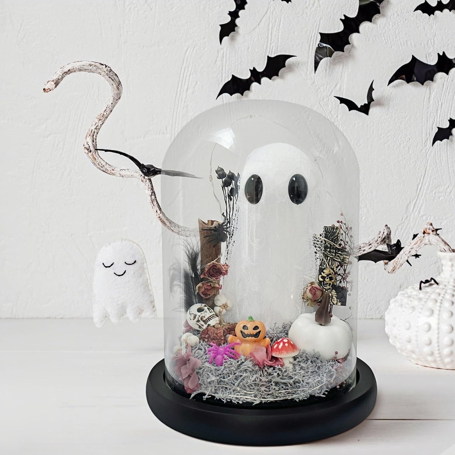 Ghost Halloween Decor, Light Up Ghost in Glass Cloche, Light Up Halloween Decorations Indoor, Cute Ghost with Light for Halloween Gifts Spooky Gift, Goth Gift, Pet Ghost, Desk Buddy
