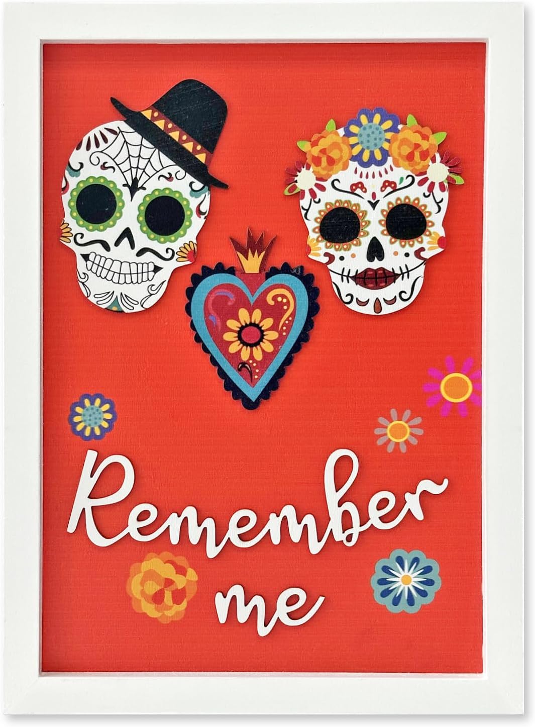 Dia De Los Muertos Decorations, Day of the Dead Decorations, Recuerdame Dia de Los Muertos Wood Sign for Ofrenda, 3D Sugar Skull for dia de los muertos altar(Framed, 8x12 Inch)