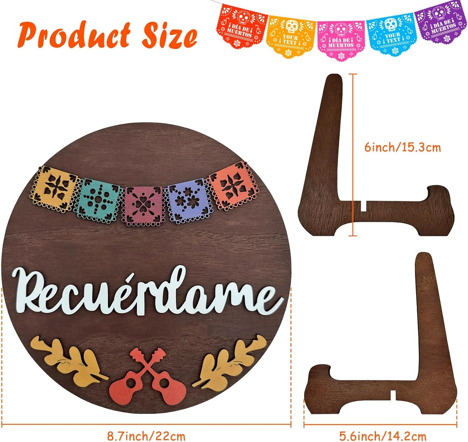 Day of the Dead Decorations, Dia De Los Muertos Decorations, Recuerdame Dia de Los Muertos Wood Sign for Ofrenda, Round Altar De Muertos Decorations with Small Wood Stand for Halloween Party