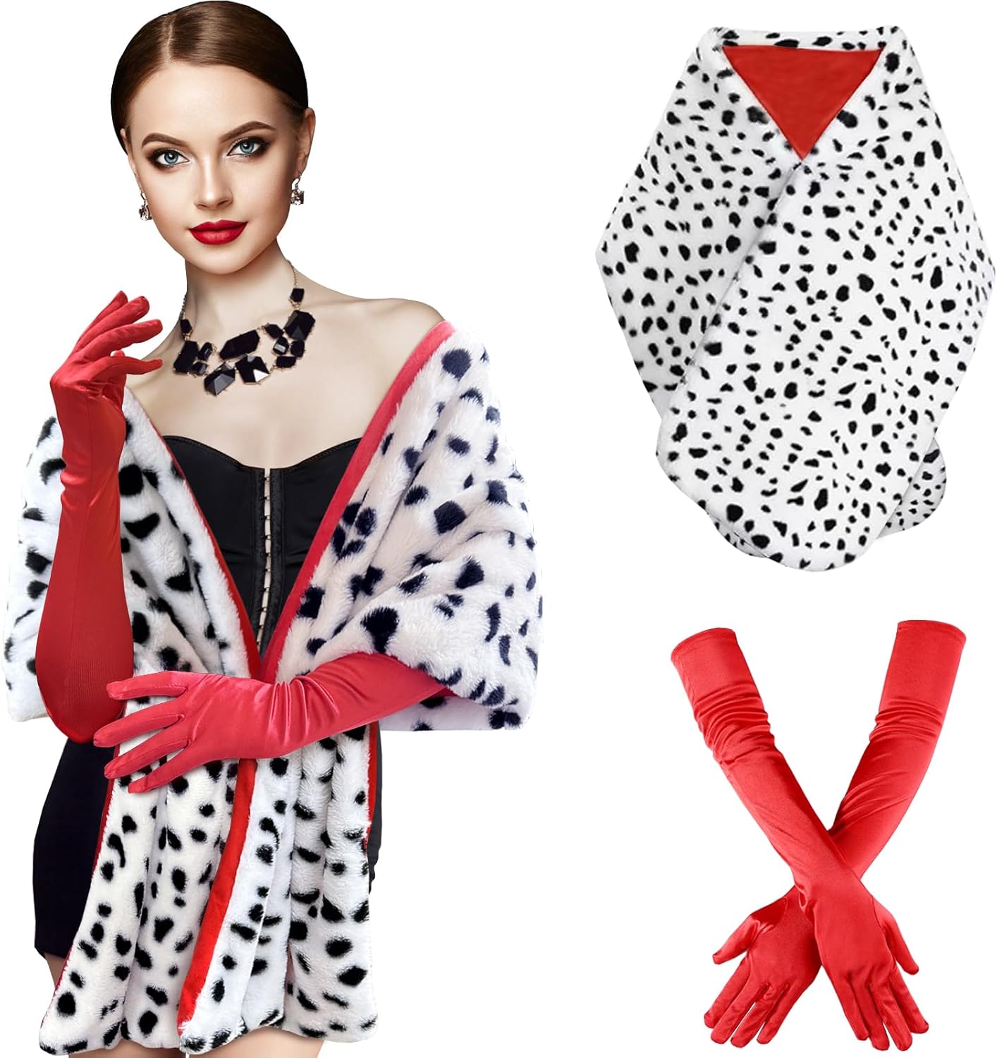 Apragaz Dalmatian Shawl, Halloween Costume Women Black and White Coat with 1920s Red Gloves, Faux Dalmatian Scarf for Halloween Cosplay Party