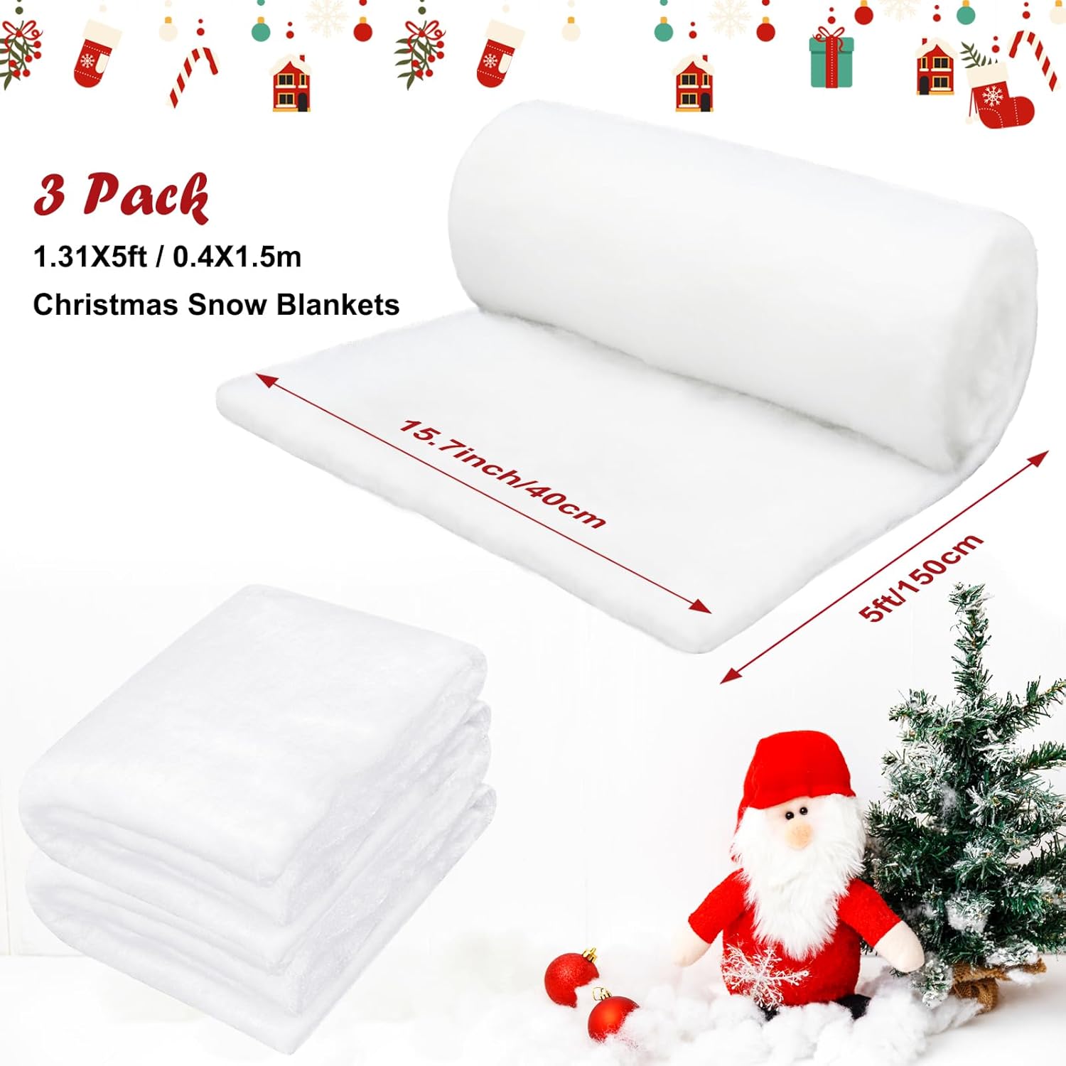 3 Pack Christmas Snow Blanket Roll, 15.7 Inch x 5 Feet Fake Snow Blanket for Christmas Village, Thick White Soft Fluffy Snow Artificial Snow Blankets for Xmas Tree, Mantle, Winter Wonderland Party