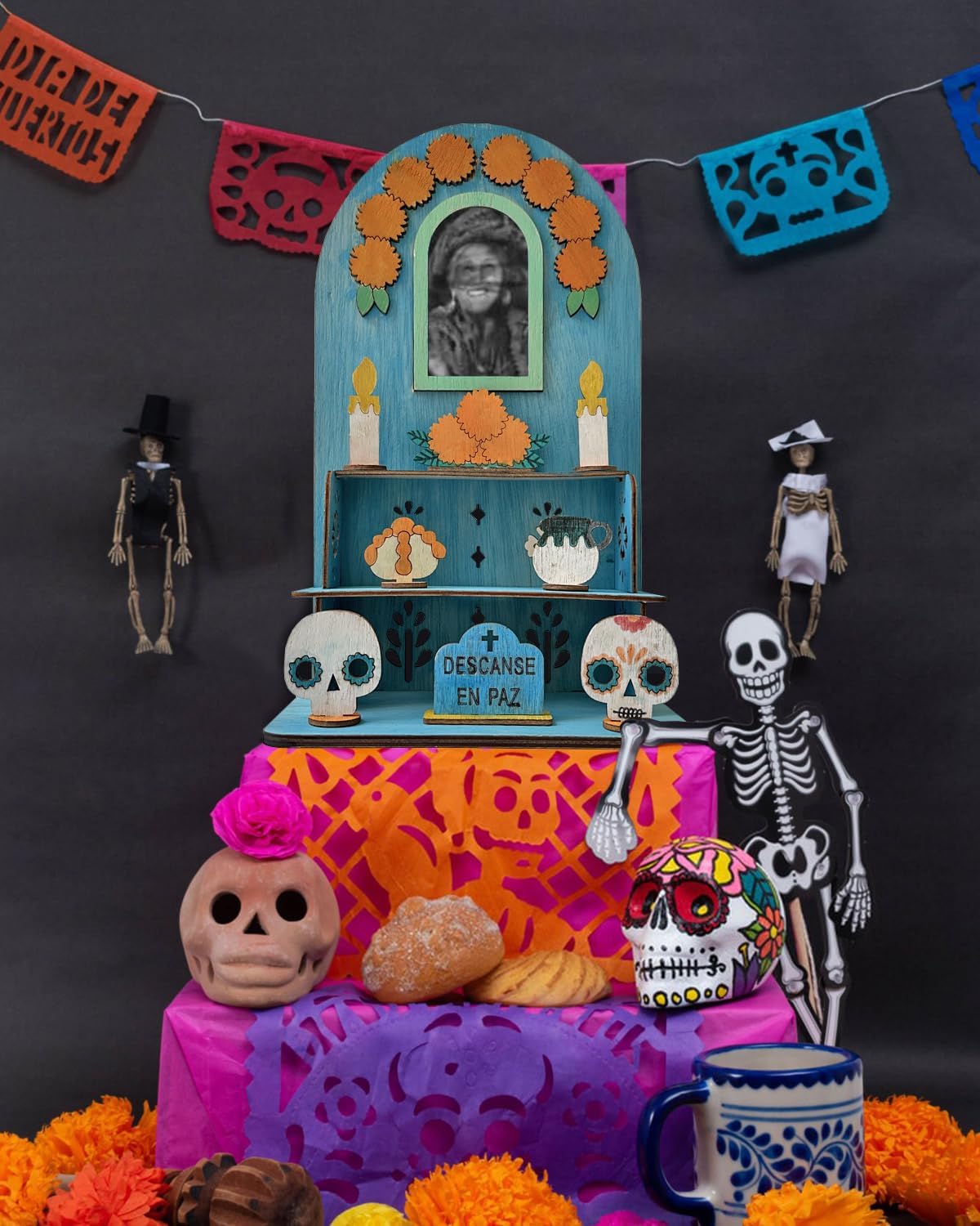 Day of The Dead Decorations, Dia De Los Muertos Altar with Altar Supplies 25pcs Log Coloured Wood Blocks and 12 Coloured Pencils, Ofrenda Altar for Dia De Los Muertos Decorations