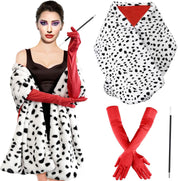 Halloween Costume Women, Halloween Costume for Women with Dalmatian Shawl, 1920s Red Gloves and Long Plastic Holder, Dalmatian Costume Women Coat Jacket for Adult Cosplay Party