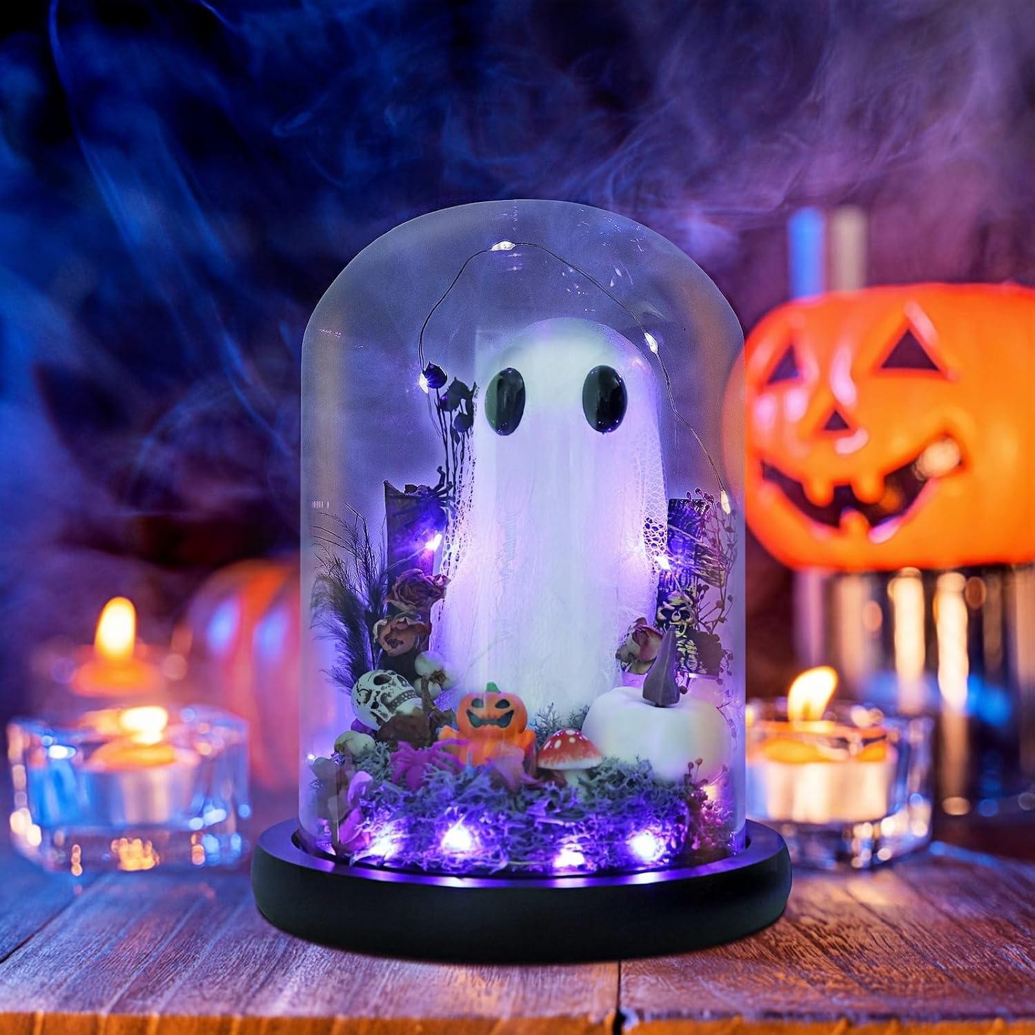 Ghost Halloween Decor, Light Up Ghost in Glass Cloche, Light Up Halloween Decorations Indoor, Cute Ghost with Light for Halloween Gifts Spooky Gift, Goth Gift, Pet Ghost, Desk Buddy