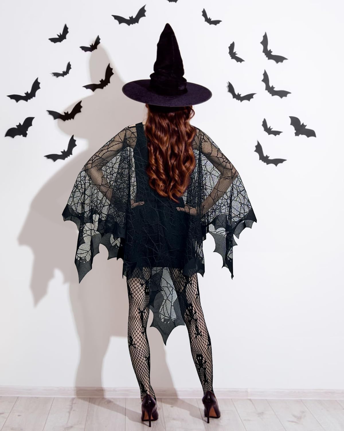 Apragaz 5 Pcs Halloween Costumes for Woman, Black Spider Web Poncho, Socks, Necklace, Mask And Spider Red Earrings, Witch Costume for Halloween Cosplay Party, Disfraz de Halloween para Mujer(One Size)