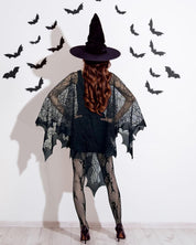 Apragaz 5 Pcs Halloween Costumes for Woman, Black Spider Web Poncho, Socks, Necklace, Mask And Spider Red Earrings, Witch Costume for Halloween Cosplay Party, Disfraz de Halloween para Mujer(One Size)
