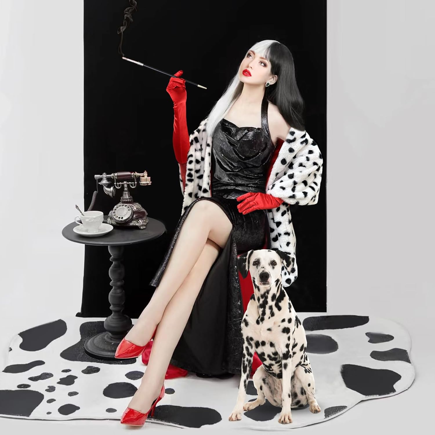 Halloween Costume Women, Halloween Costume for Women with Dalmatian Shawl, 1920s Red Gloves and Long Plastic Holder, Dalmatian Costume Women Coat Jacket for Adult Cosplay Party