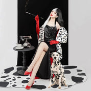 Halloween Costume Women, Halloween Costume for Women with Dalmatian Shawl, 1920s Red Gloves and Long Plastic Holder, Dalmatian Costume Women Coat Jacket for Adult Cosplay Party