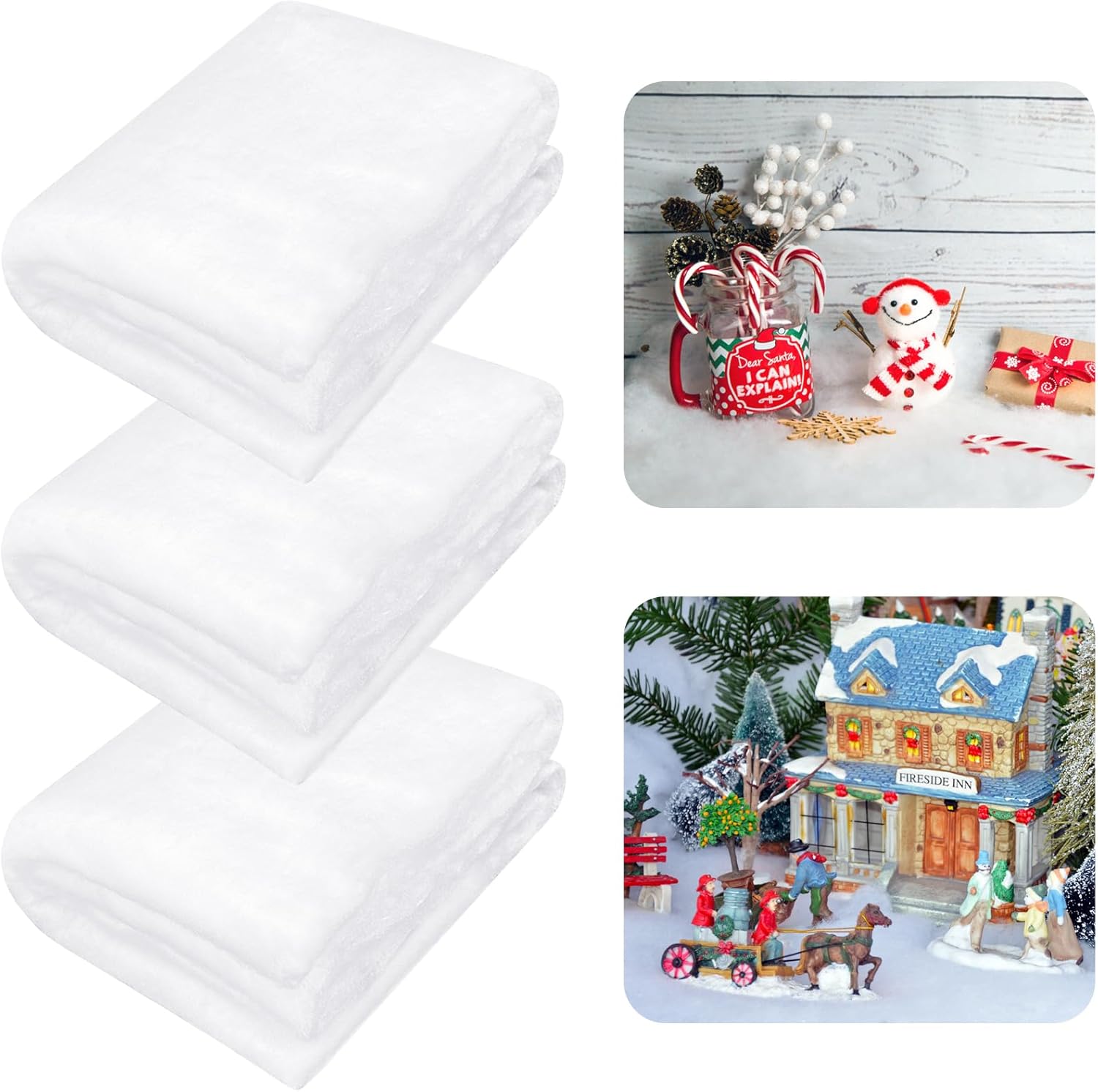 3 Pack Christmas Snow Blanket Roll, 15.7 Inch x 5 Feet Fake Snow Blanket for Christmas Village, Thick White Soft Fluffy Snow Artificial Snow Blankets for Xmas Tree, Mantle, Winter Wonderland Party