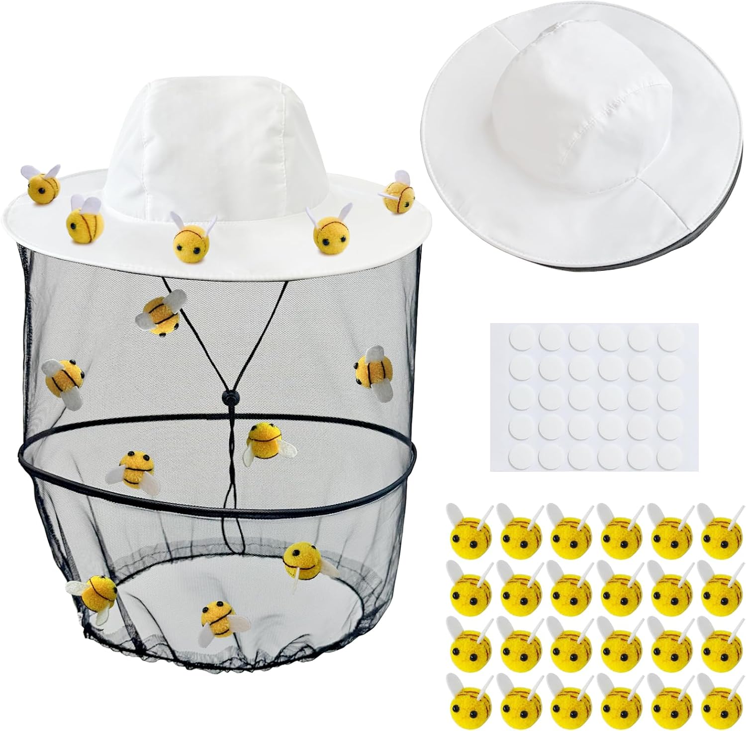 Apragaz 56pcs Beekeeper Set Including 2 Beekeeper Hats with Veil, 24 Wool Felt Bees, 30 Double-Sided Adhesive Dots- Couples Halloween Costumes for Mens and Women's Bee Keeper Costume Supplies