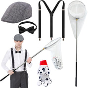 5 Pieces Dog Catcher Costume Men Include Herringbone Tweed Flat Cap, Adjustable Suspender and Dog Catcher Net Dalmatian Dog Catcher Costume for Adult Couple Men Halloween Cosplay Party