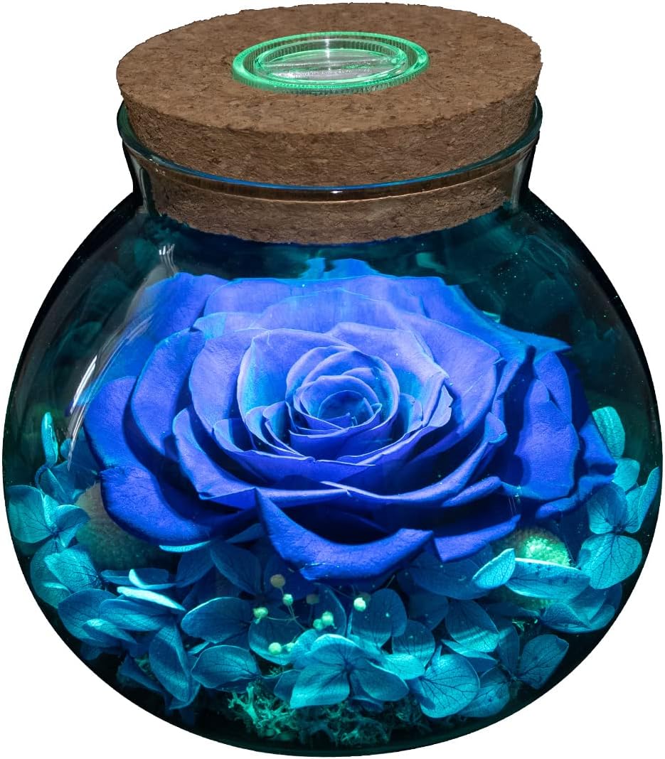 Apragaz Preserved Real Roses with Colorful Mood Light Wishing Bottle, Eternal Rose，Never Withered Flowers, in glass,Table Decor,Christmas Anniversary Valentine's, Blue 4.3inch, 1pcs
