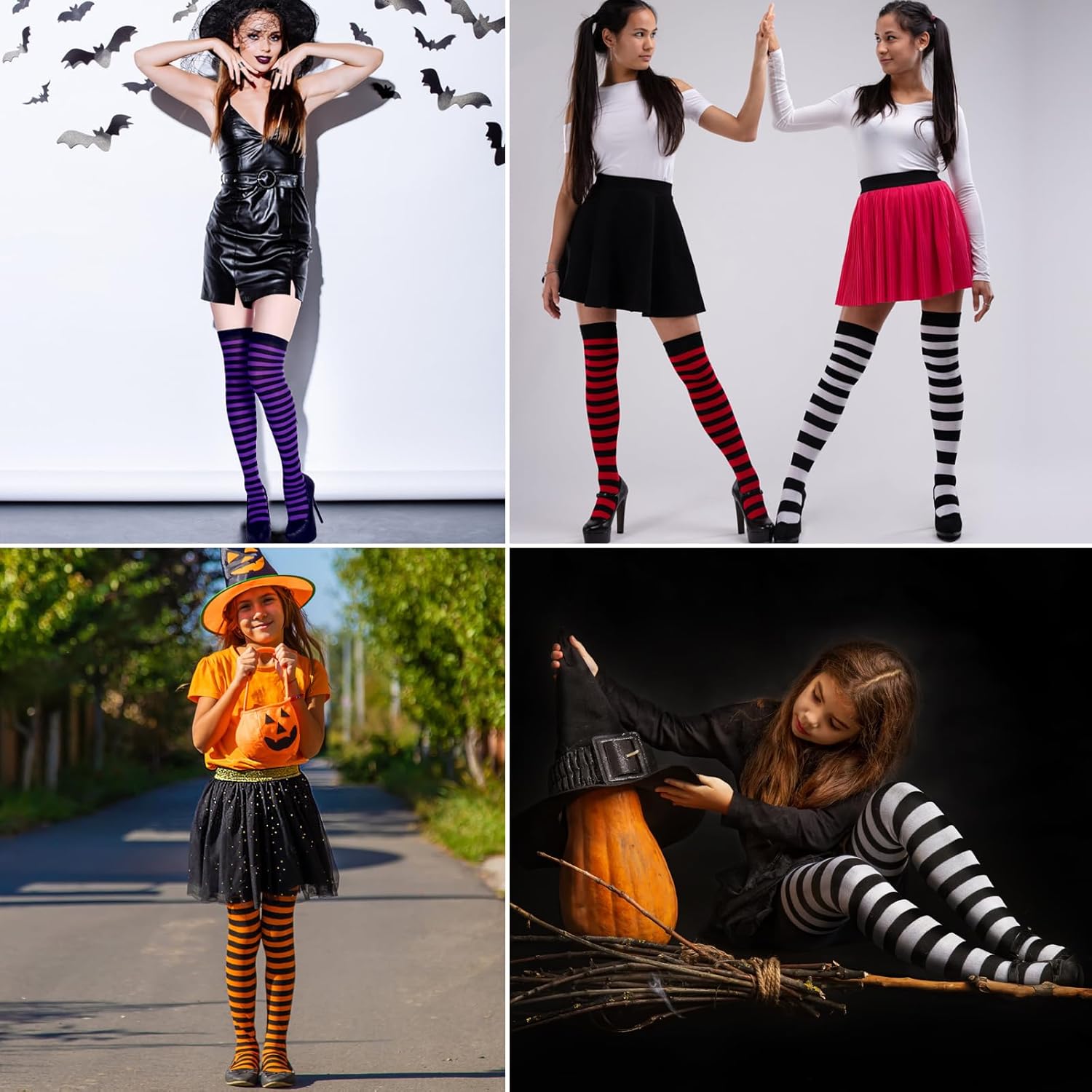 Apragaz 3 Pairs Thigh High Socks For Women, Striped Thigh High Socks For Girls, Over Knee Long Socks Witch Socks For Women Girls Halloween Cosplay Party (Black, White, Orange, Purple)