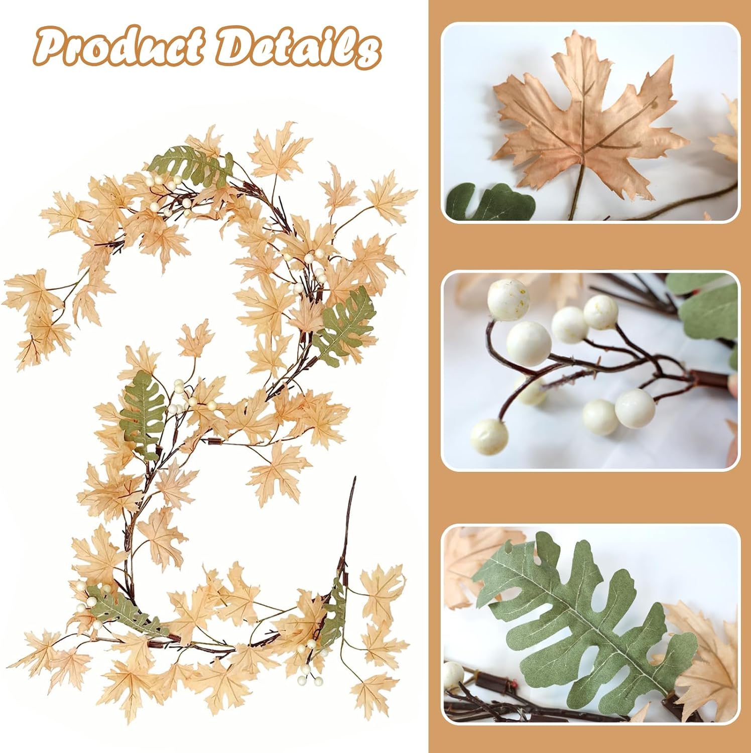 Apragaz Fall Garland - 6 ft Artificial Fall Leaves Garland with White Berries - Rustic Thanksgiving & Halloween Decor for Mantel, Fireplace, Porch, Indoor & Outdoor Home Decoration