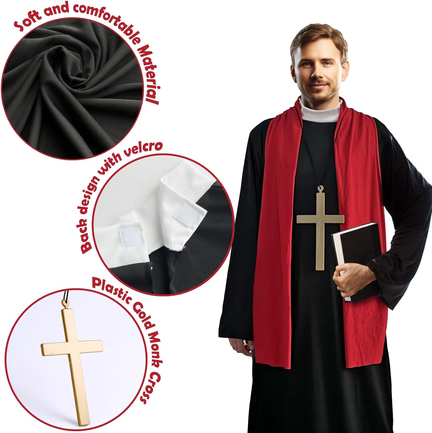 3pcs Priest Costume Adult Men, Priest Costume With Plastic Monk Cross and Red Stole for Halloween Dress Up Party Cosplay