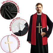 3pcs Priest Costume Adult Men, Priest Costume With Plastic Monk Cross and Red Stole for Halloween Dress Up Party Cosplay