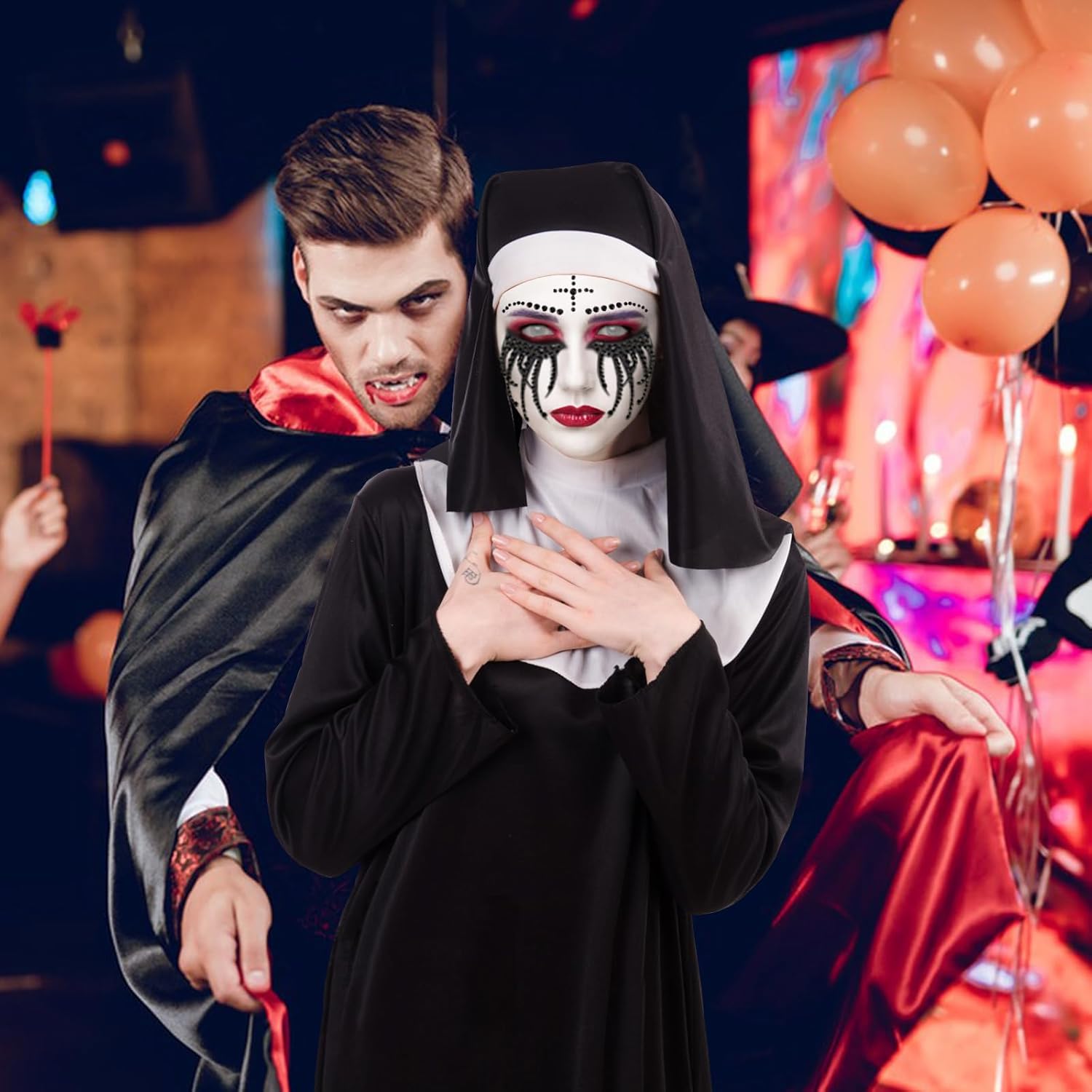 4pcs Nun Halloween Costume, Nun Costume Adult Women Accessories with Nun Headpiece Nun Cross Nun Rhinestone Tattoo and Nun Outfit Women for Halloween Party Cosplay , Carnival Theme Party Costumes