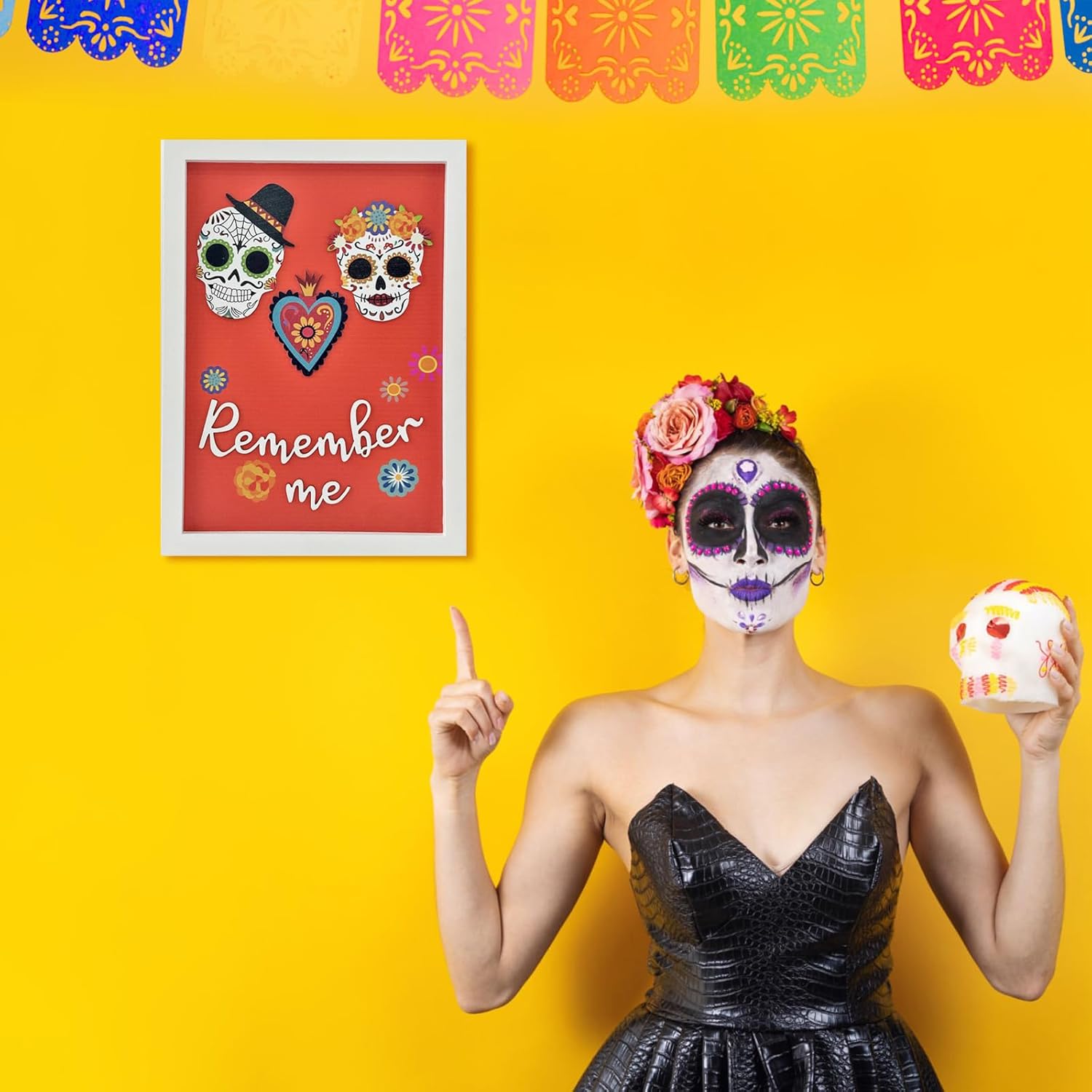 Dia De Los Muertos Decorations, Day of the Dead Decorations, Recuerdame Dia de Los Muertos Wood Sign for Ofrenda, 3D Sugar Skull for dia de los muertos altar(Framed, 8x12 Inch)