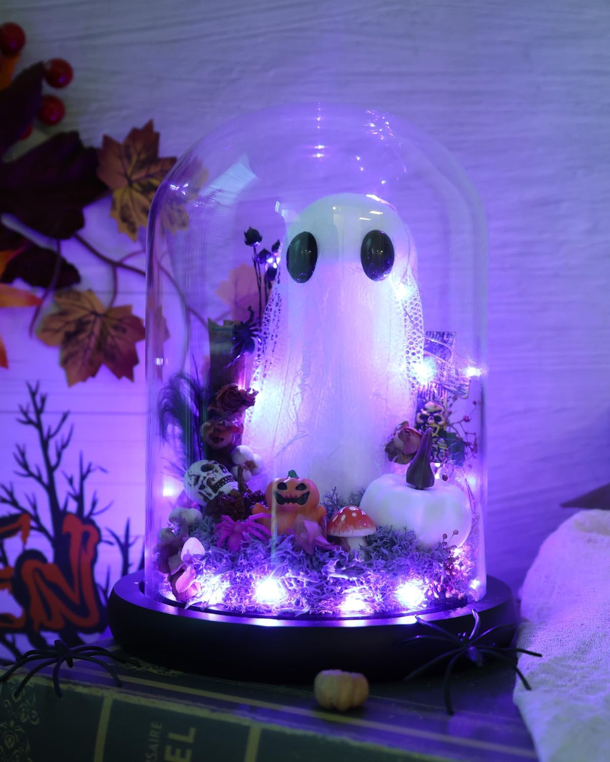 Ghost Halloween Decor, Light Up Ghost in Glass Cloche, Light Up Halloween Decorations Indoor, Cute Ghost with Light for Halloween Gifts Spooky Gift, Goth Gift, Pet Ghost, Desk Buddy