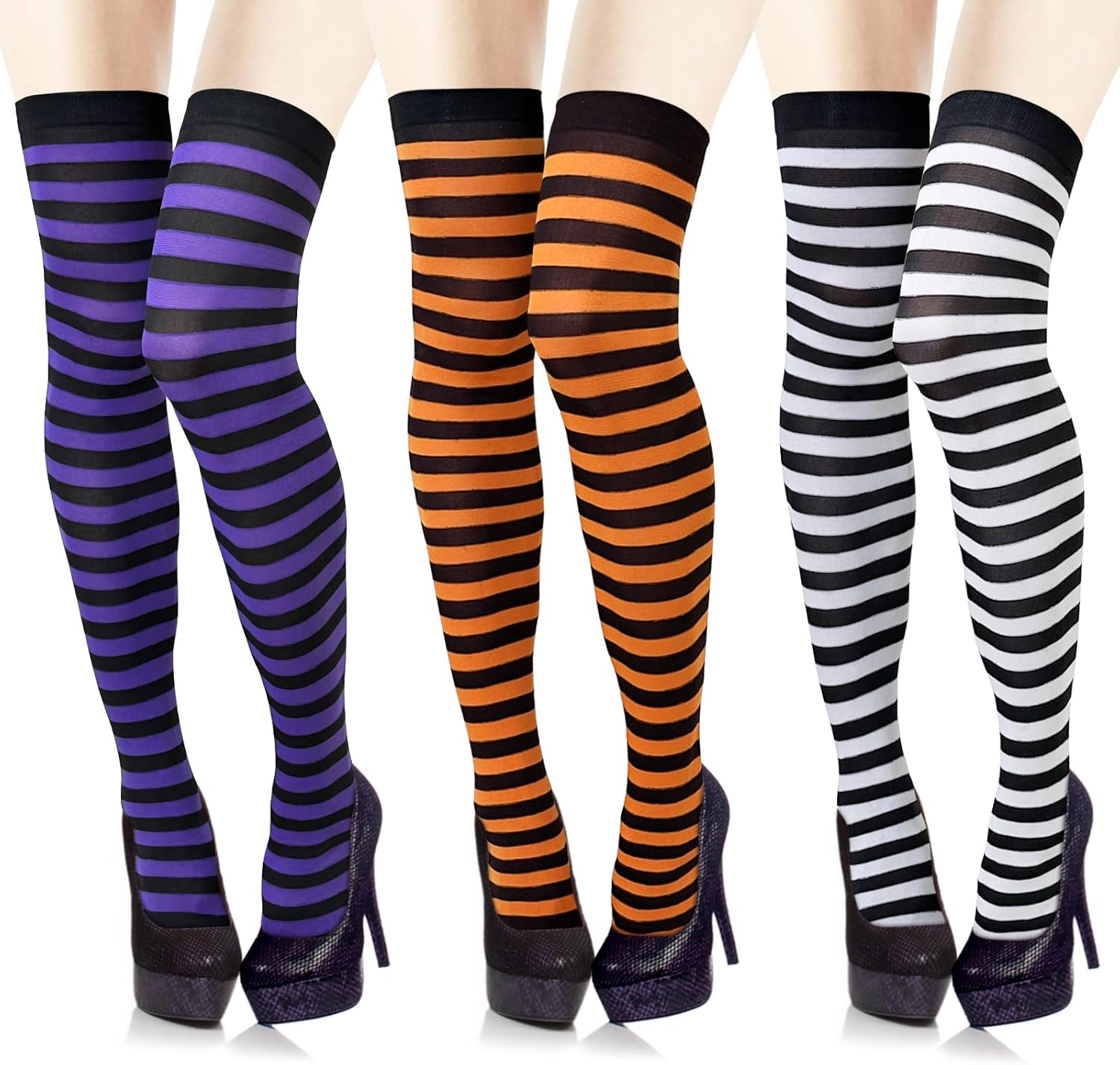 Apragaz 3 Pairs Thigh High Socks For Women, Striped Thigh High Socks For Girls, Over Knee Long Socks Witch Socks For Women Girls Halloween Cosplay Party (Black, White, Orange, Purple)