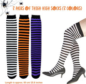 Apragaz 3 Pairs Thigh High Socks For Women, Striped Thigh High Socks For Girls, Over Knee Long Socks Witch Socks For Women Girls Halloween Cosplay Party (Black, White, Orange, Purple)