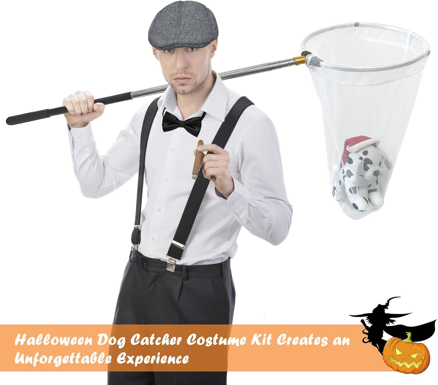 5 Pieces Dog Catcher Costume Men Include Herringbone Tweed Flat Cap, Adjustable Suspender and Dog Catcher Net Dalmatian Dog Catcher Costume for Adult Couple Men Halloween Cosplay Party