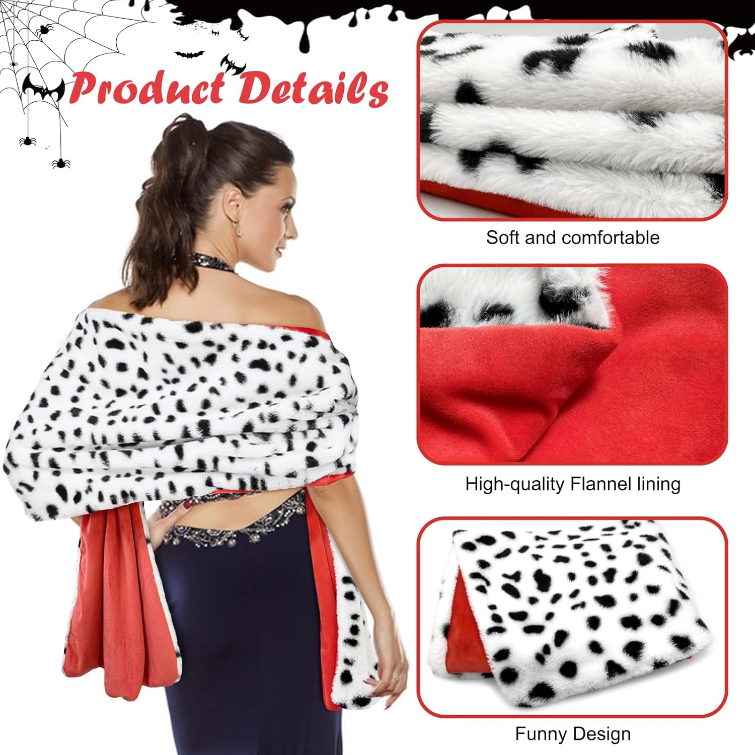 Apragaz Dalmatian Shawl, Halloween Costume Women Black and White Coat with 1920s Red Gloves, Faux Dalmatian Scarf for Halloween Cosplay Party