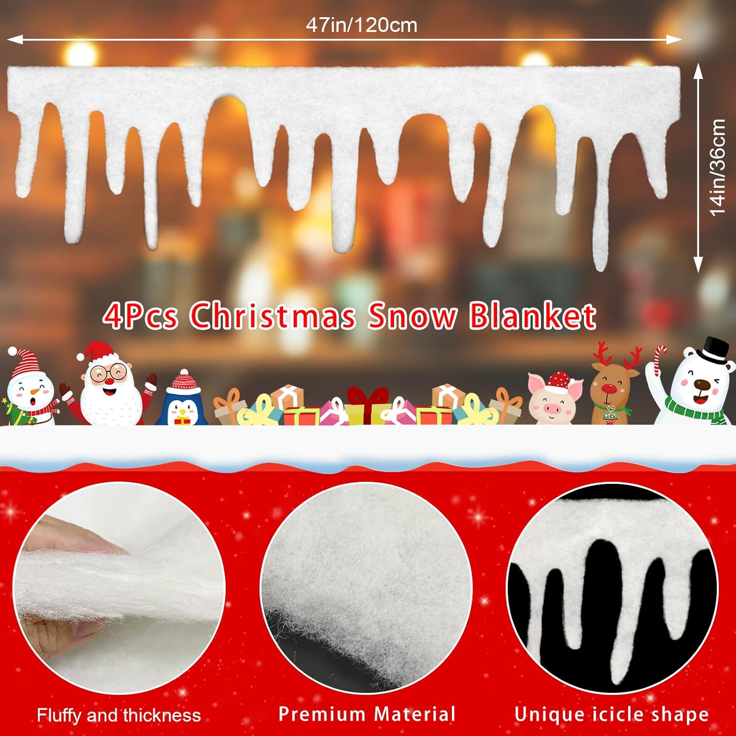 Apragaz 4 Packs Christmas Fake Snow Blanket, Icicle Artificial Snow Fireplace Blanket Roll, Icicle Snow Cover Blanket for Mantle Cover for Village Decoration, 14 * 47 Inches Xmas Holiday Décor
