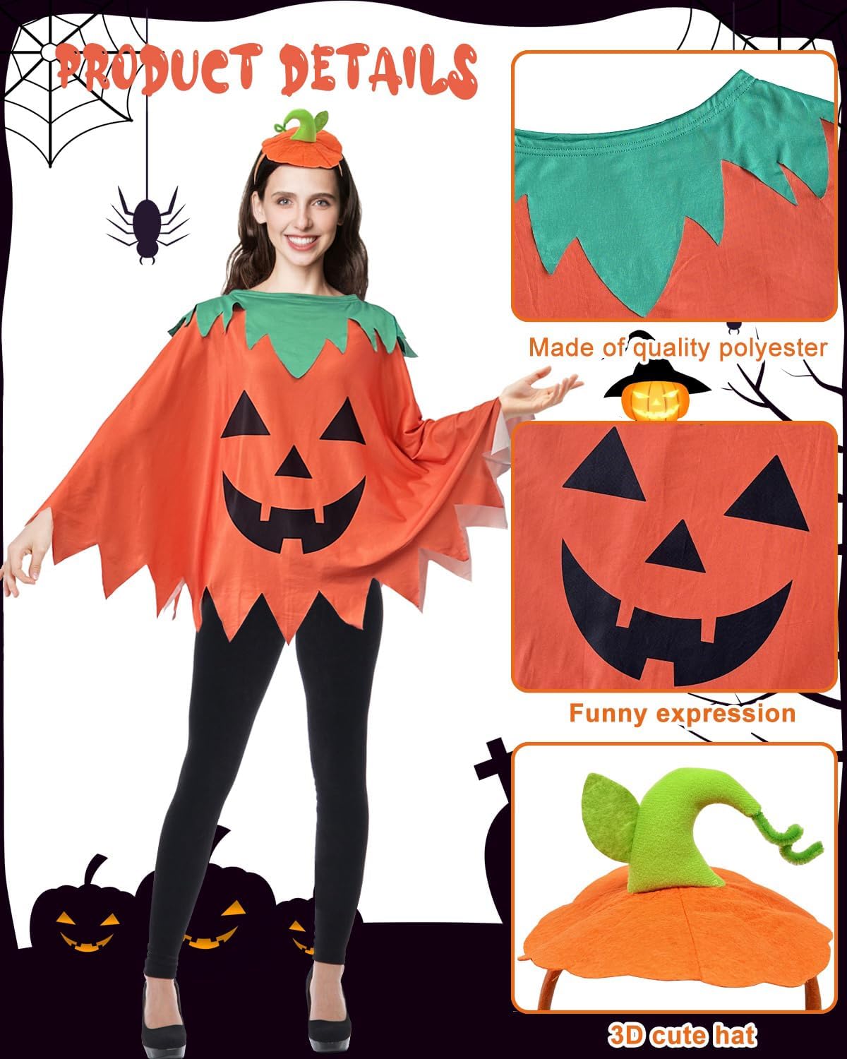 Apragaz 3 Pcs Pumpkin Costume Woman, Adult Pumpkin Poncho With Headband and Candy Bag, Easy and Funny Halloween Costumes for Women