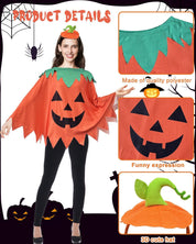 Apragaz 3 Pcs Pumpkin Costume Woman, Adult Pumpkin Poncho With Headband and Candy Bag, Easy and Funny Halloween Costumes for Women