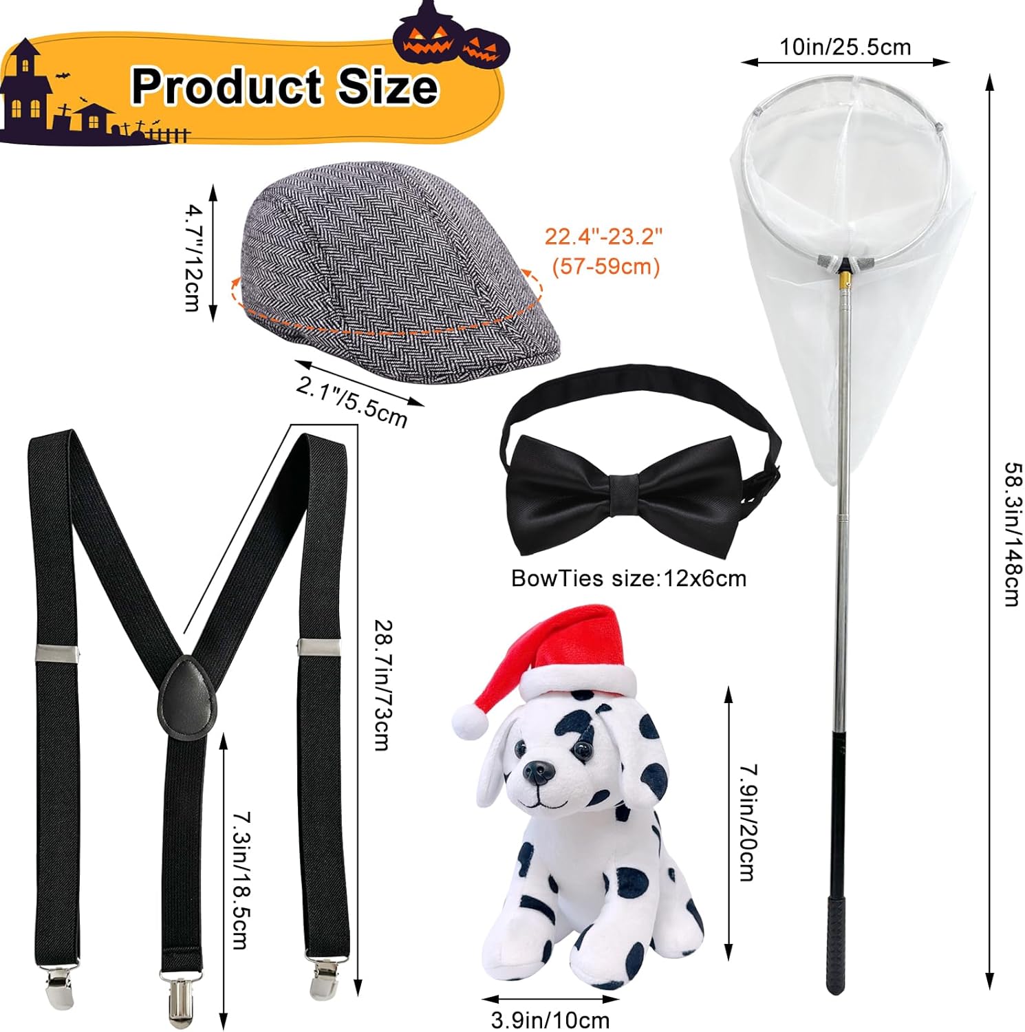 5 Pieces Dog Catcher Costume Men Include Herringbone Tweed Flat Cap, Adjustable Suspender and Dog Catcher Net Dalmatian Dog Catcher Costume for Adult Couple Men Halloween Cosplay Party