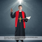 3pcs Priest Costume Adult Men, Priest Costume With Plastic Monk Cross and Red Stole for Halloween Dress Up Party Cosplay