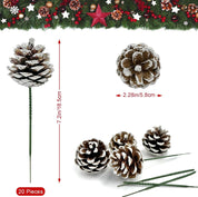 20pcs Christmas Pine Cones Picks Decorations, 2 inch Snow Pinecone Picks, Natural Pine Cones with Wired Stems for Xmas Tree, Floral Arrangements, Wreath, Crafts, Garland, Holiday Home Party Decorating