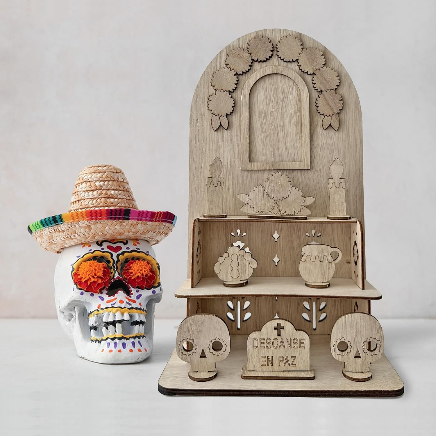 Day of The Dead Decorations, Dia De Los Muertos Altar with Altar Supplies 25pcs Log Coloured Wood Blocks and 12 Coloured Pencils, Ofrenda Altar for Dia De Los Muertos Decorations