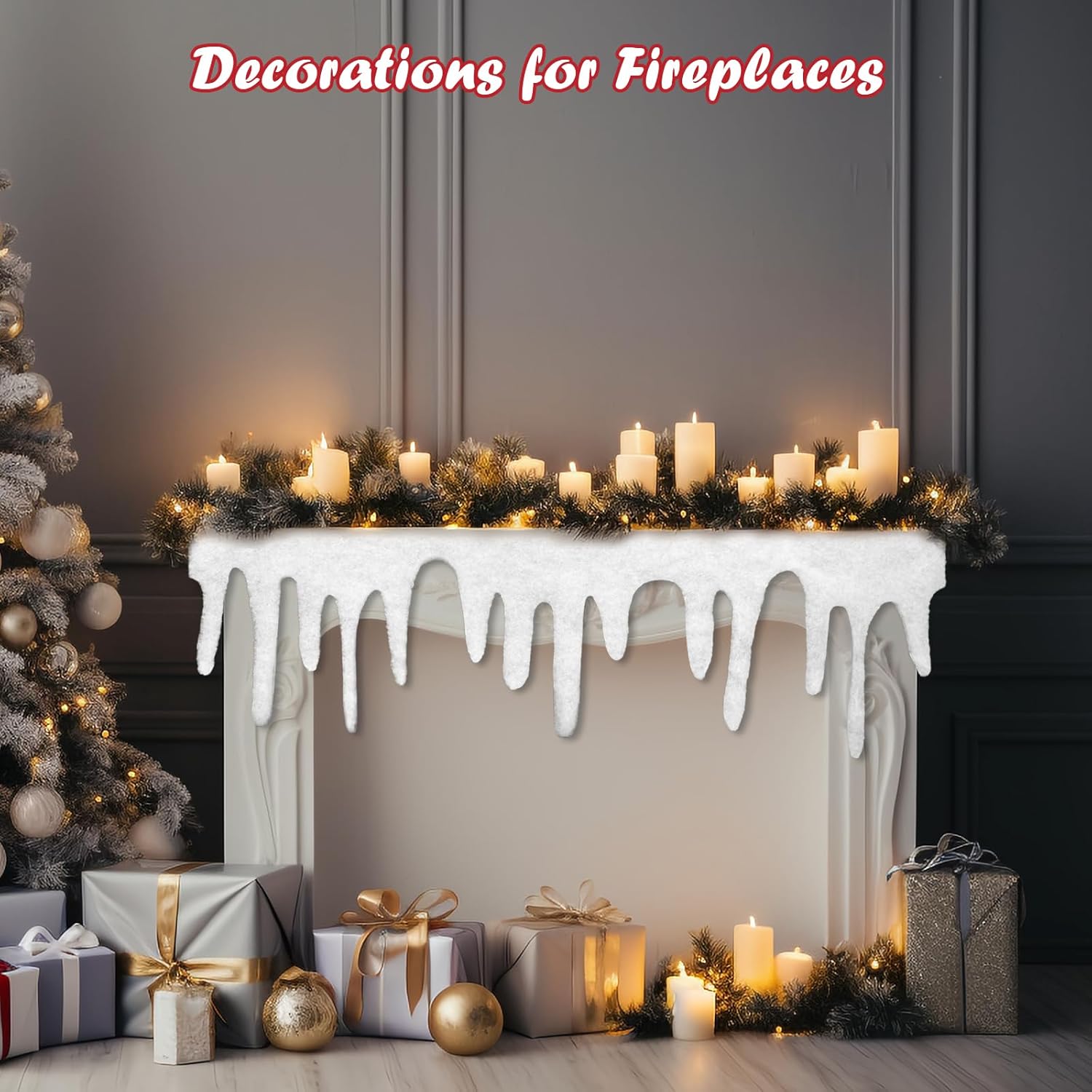 Apragaz 4 Packs Christmas Fake Snow Blanket, Icicle Artificial Snow Fireplace Blanket Roll, Icicle Snow Cover Blanket for Mantle Cover for Village Decoration, 14 * 47 Inches Xmas Holiday Décor