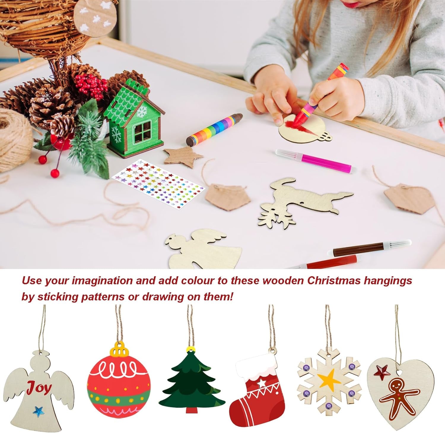 80 Pcs Wooden Christmas Ornaments for Crafts, 8 Styles Unfinished Wood Ornaments With Pens, Gem and Star Stickers, Blank Wood Christmas Tree Ornaments for Kids Adults DIY Craft Xmas Hanging Decoration