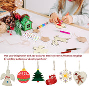 80 Pcs Wooden Christmas Ornaments for Crafts, 8 Styles Unfinished Wood Ornaments With Pens, Gem and Star Stickers, Blank Wood Christmas Tree Ornaments for Kids Adults DIY Craft Xmas Hanging Decoration