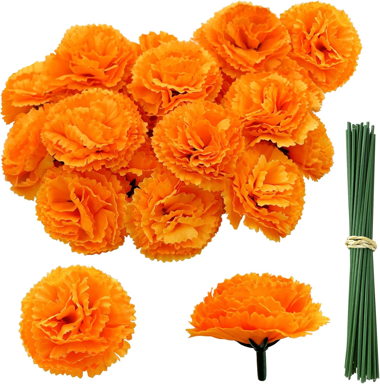 50Pcs Marigold Flowers Heads with Stems, Silk Marigolds Artificial Flowers for Dia De Los Muertos, Orange Cempasuchil Flower Bulk for Day of the Dead Altar Ofrenda, Diwali, Party, Halloween,Home Decor