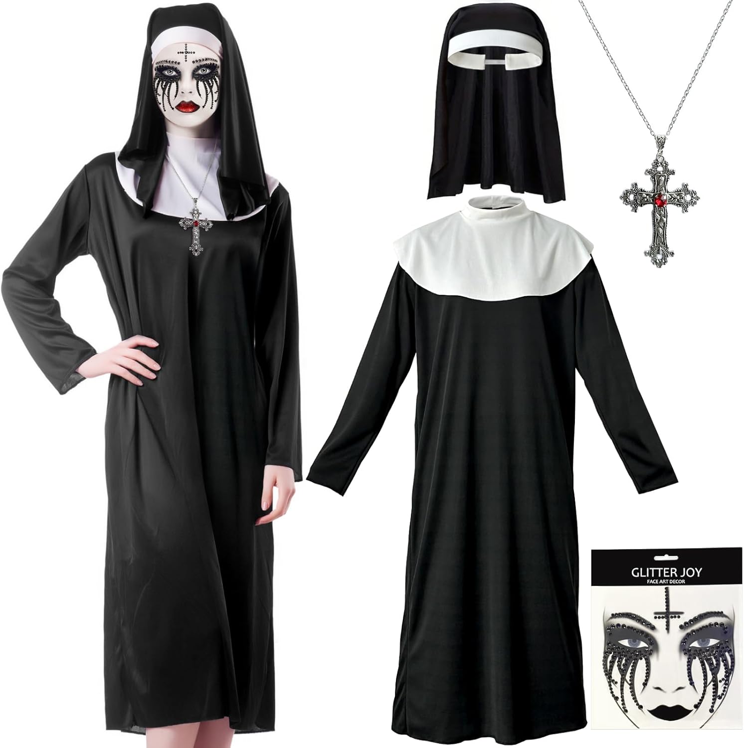 4pcs Nun Halloween Costume, Nun Costume Adult Women Accessories with Nun Headpiece Nun Cross Nun Rhinestone Tattoo and Nun Outfit Women for Halloween Party Cosplay , Carnival Theme Party Costumes