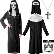 4pcs Nun Halloween Costume, Nun Costume Adult Women Accessories with Nun Headpiece Nun Cross Nun Rhinestone Tattoo and Nun Outfit Women for Halloween Party Cosplay , Carnival Theme Party Costumes