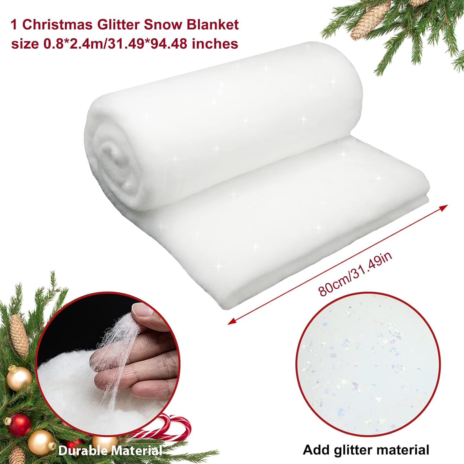 Christmas Glitter Snow Blanket, Fake Snow blanket Roll Indoor Decoration Artificial Snow Blankets Set For Winter Wonderland Christmas Village Wall Tree Xmas Backdrop Party Decor (31.5In×7.9Ft)